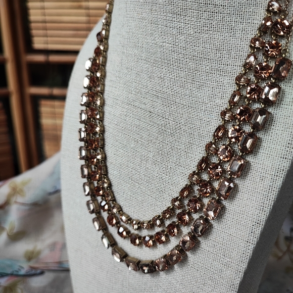 Loft Triple Strand Topaz Peach Emerald Cut Rhinestone Necklace Ann Taylor EUC - Picture 2 of 14